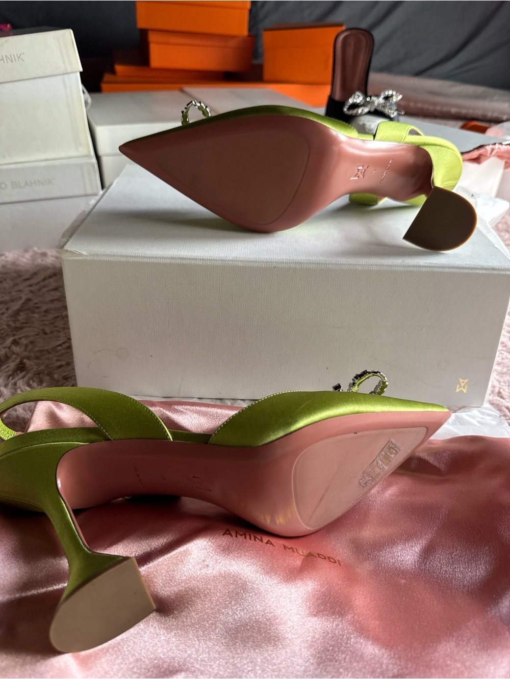 Amina Muaddi Lime Green Satin Crystal Bow Slingback begum cloth mules - Picture 4 of 12